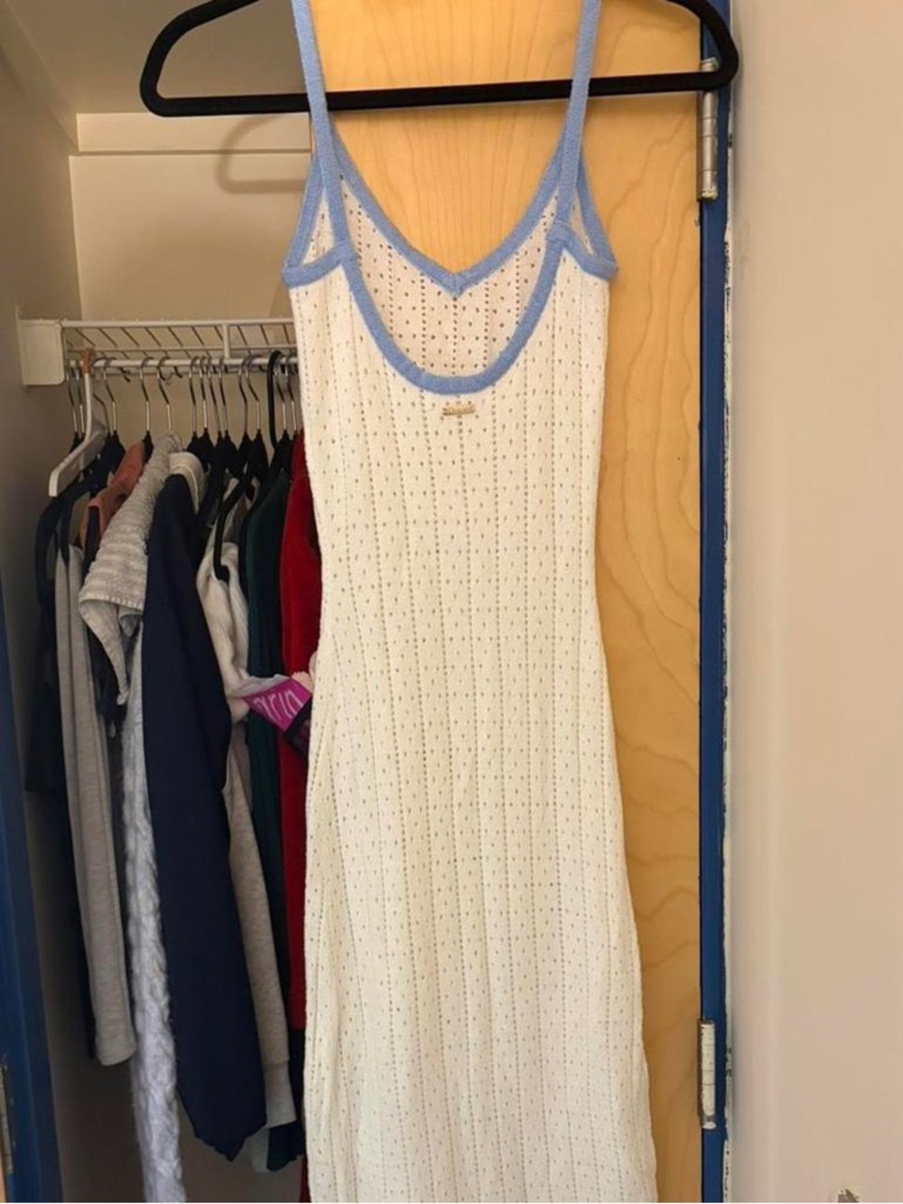 Cream Knit Maxi Dress with Blue Trim - Picture 3 of 5